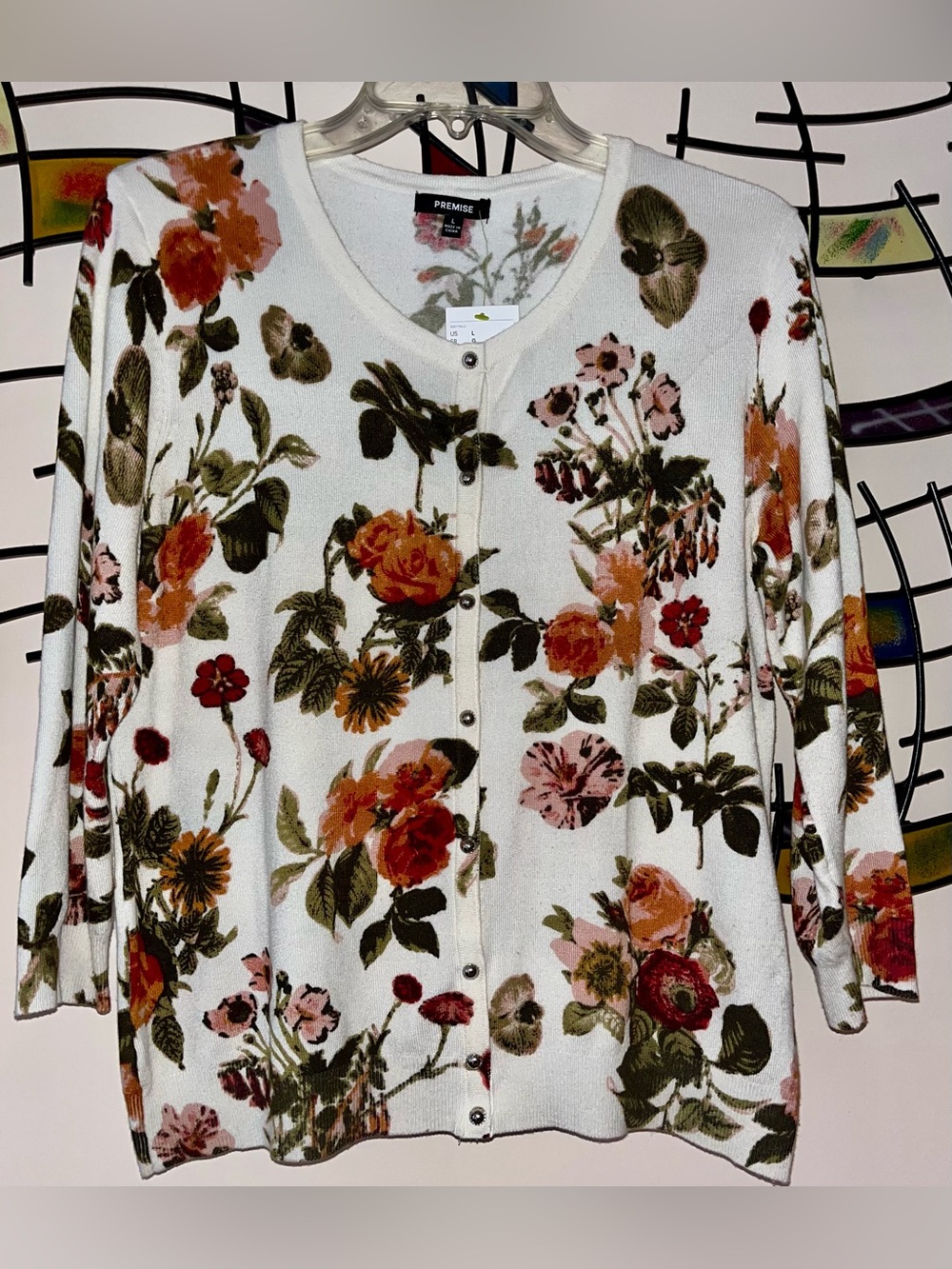 Premise Ivory Floral silver Button-Front Cardigan size L
